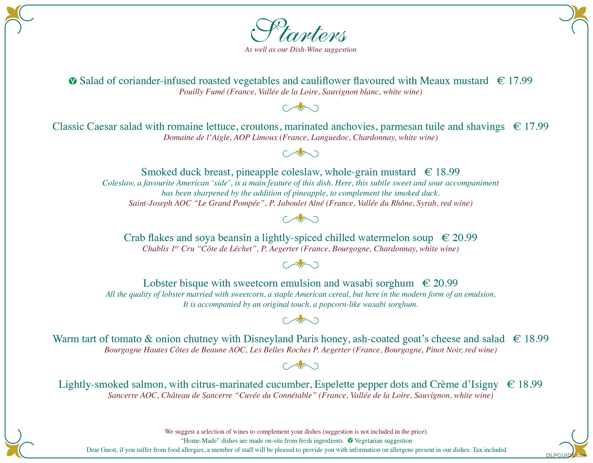 Walt's An American Restaurant menu — DLP Guide • Disneyland Paris