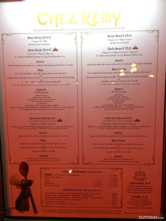 Bistrot Chez Rémy menu Disneyland Paris