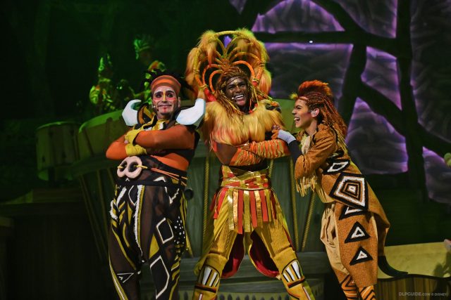 Pumbaa, Simba and Timon in The Lion King: Rhythms of the Pride Lands musical stage show at Disneyland Paris