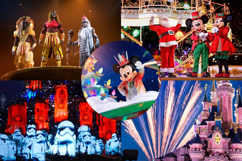 Scenes from The Lion King show, Disney's Enchanted Christmas, Disney Illuminations, Fireworks, Mickey's Dazzling Christmas Parade