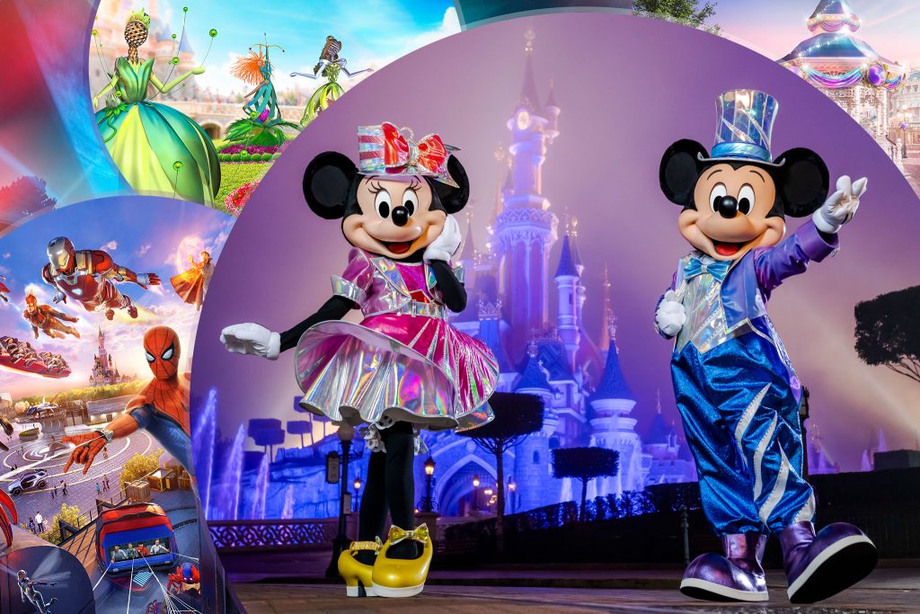 Disneyland Paris 30th Anniversary: What's New in 2022. Mickey Mouse and Minnie wearing iridescent costumes in front of Sleeping Beauty Castle, surrounded by images of Avengers Campus, birthday decorations and events.